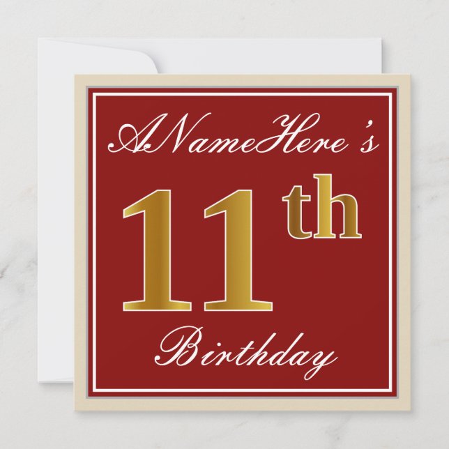 Elegant, Red, Faux Gold 11th Birthday; Custom Name Invitation (Front)
