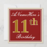 [ Thumbnail: Elegant, Red, Faux Gold 11th Birthday; Custom Name Invitation ]