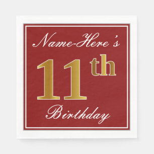 Elegant Red, Faux Gold 11th Birthday + Custom Name Paper Napkins