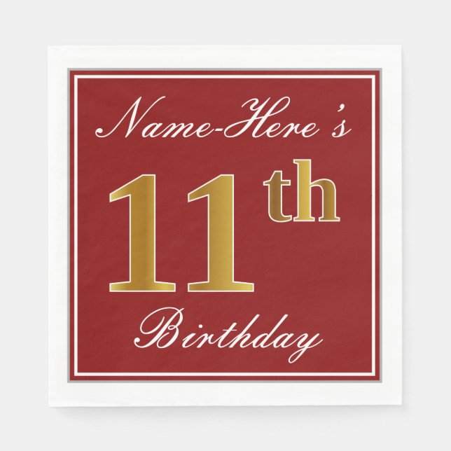 Elegant Red, Faux Gold 11th Birthday + Custom Name Paper Napkins (Front)