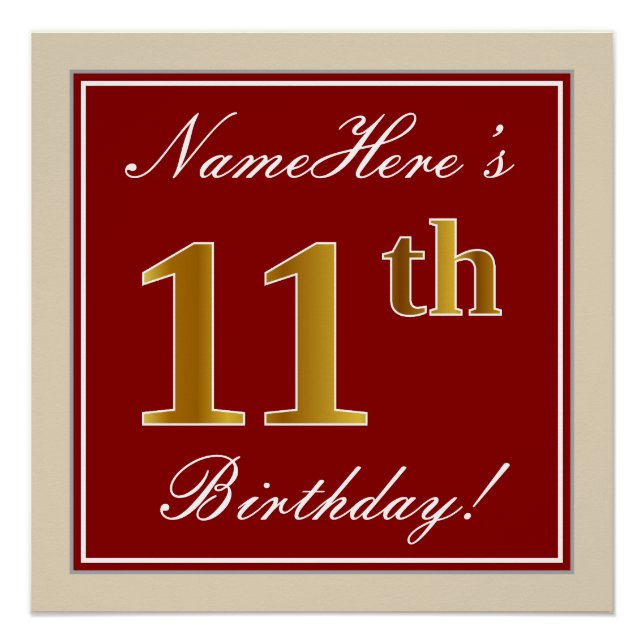 Elegant, Red, Faux Gold 11th Birthday; Custom Name Poster (Front)