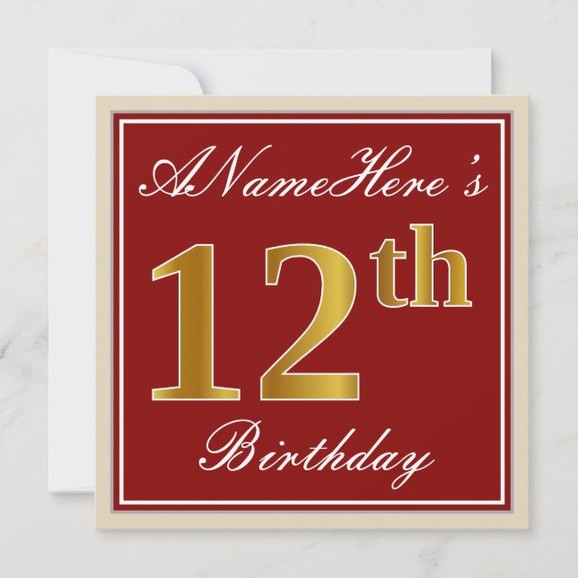 Elegant, Red, Faux Gold 12th Birthday; Custom Name Invitation (Front)