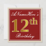 [ Thumbnail: Elegant, Red, Faux Gold 12th Birthday; Custom Name Invitation ]