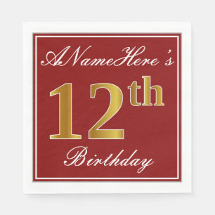 Elegant Red, Faux Gold 12th Birthday + Custom Name Paper Napkins