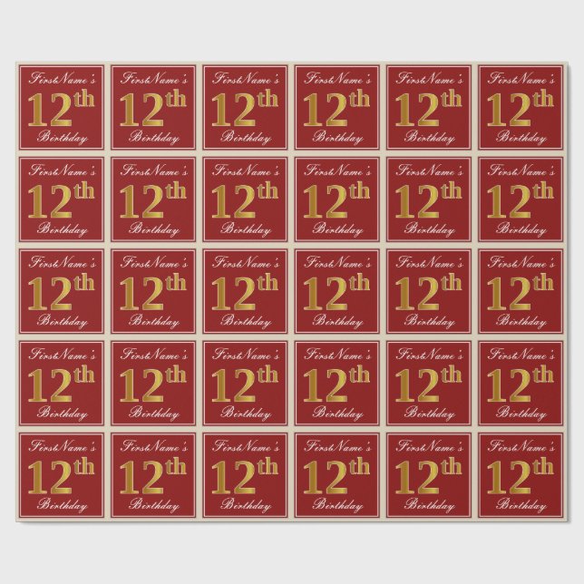 Elegant, Red, Faux Gold 12th Birthday; Custom Name Wrapping Paper (Flat)