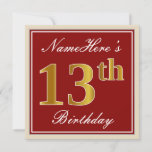 [ Thumbnail: Elegant, Red, Faux Gold 13th Birthday; Custom Name Invitation ]