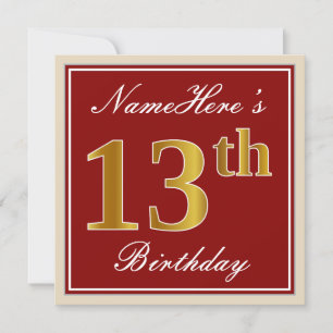 Elegant, Red, Faux Gold 13th Birthday; Custom Name Invitation