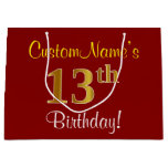 [ Thumbnail: Elegant, Red, Faux Gold 13th Birthday; Custom Name Gift Bag ]