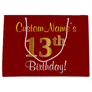 Elegant, Red, Faux Gold 13th Birthday; Custom Name Large Gift Bag