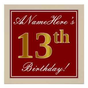 Elegant, Red, Faux Gold 13th Birthday; Custom Name Poster