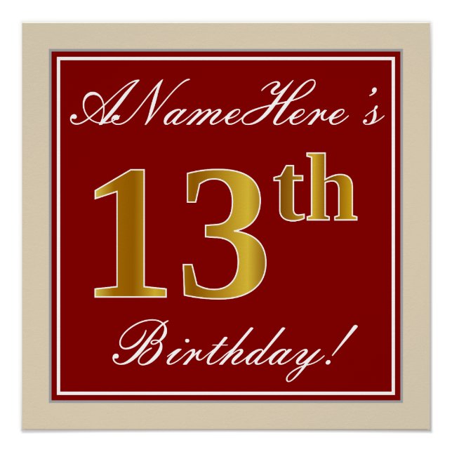 Elegant, Red, Faux Gold 13th Birthday; Custom Name Poster (Front)