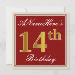 [ Thumbnail: Elegant, Red, Faux Gold 14th Birthday; Custom Name Invitation ]