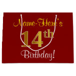 [ Thumbnail: Elegant, Red, Faux Gold 14th Birthday; Custom Name Gift Bag ]