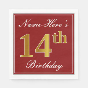 Elegant Red, Faux Gold 14th Birthday + Custom Name Paper Napkins