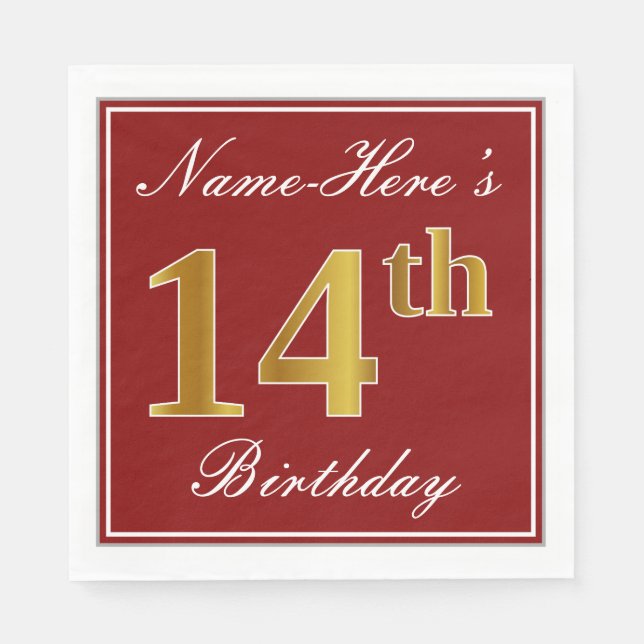 Elegant Red, Faux Gold 14th Birthday + Custom Name Paper Napkins (Front)