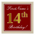 [ Thumbnail: Elegant, Red, Faux Gold 14th Birthday; Custom Name Poster ]