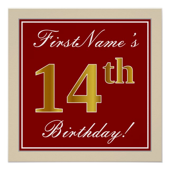 Elegant, Red, Faux Gold 14th Birthday; Custom Name Poster (Front)