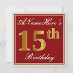 [ Thumbnail: Elegant, Red, Faux Gold 15th Birthday; Custom Name Invitation ]