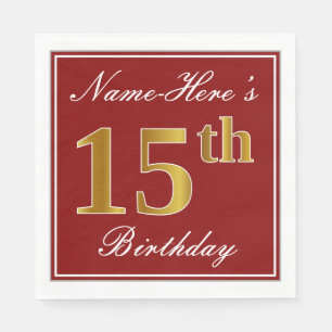 Elegant Red, Faux Gold 15th Birthday + Custom Name Napkins