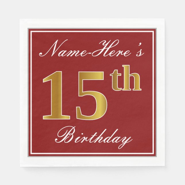 Elegant Red, Faux Gold 15th Birthday + Custom Name Napkins (Front)