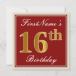 [ Thumbnail: Elegant, Red, Faux Gold 16th Birthday; Custom Name Invitation ]
