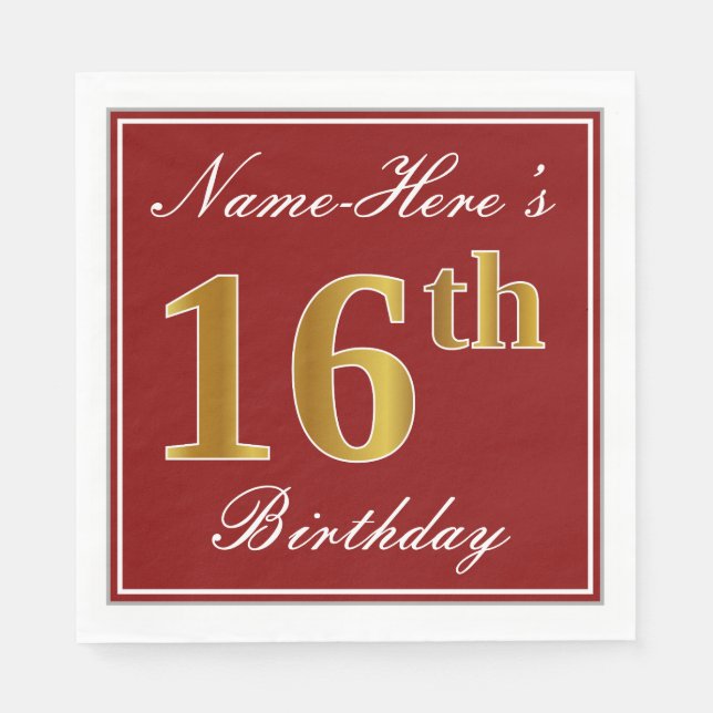 Elegant Red, Faux Gold 16th Birthday + Custom Name Paper Napkins (Front)