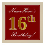 [ Thumbnail: Elegant, Red, Faux Gold 16th Birthday; Custom Name Poster ]