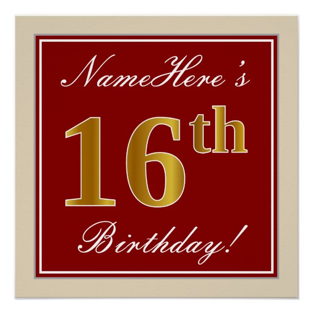 Elegant, Red, Faux Gold 16th Birthday; Custom Name Poster (Front)
