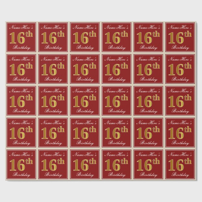 Elegant, Red, Faux Gold 16th Birthday; Custom Name Wrapping Paper (Flat)
