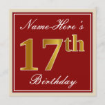 [ Thumbnail: Elegant, Red, Faux Gold 17th Birthday; Custom Name Invitation ]