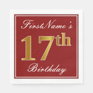 Elegant Red, Faux Gold 17th Birthday + Custom Name Napkins