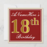 [ Thumbnail: Elegant, Red, Faux Gold 18th Birthday; Custom Name Invitation ]