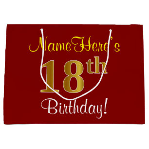 Elegant, Red, Faux Gold 18th Birthday; Custom Name Large Gift Bag