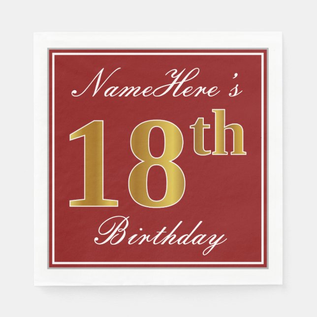 Elegant Red, Faux Gold 18th Birthday + Custom Name Napkins (Front)