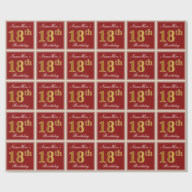 Elegant, Red, Faux Gold 18th Birthday; Custom Name Wrapping Paper (Flat)