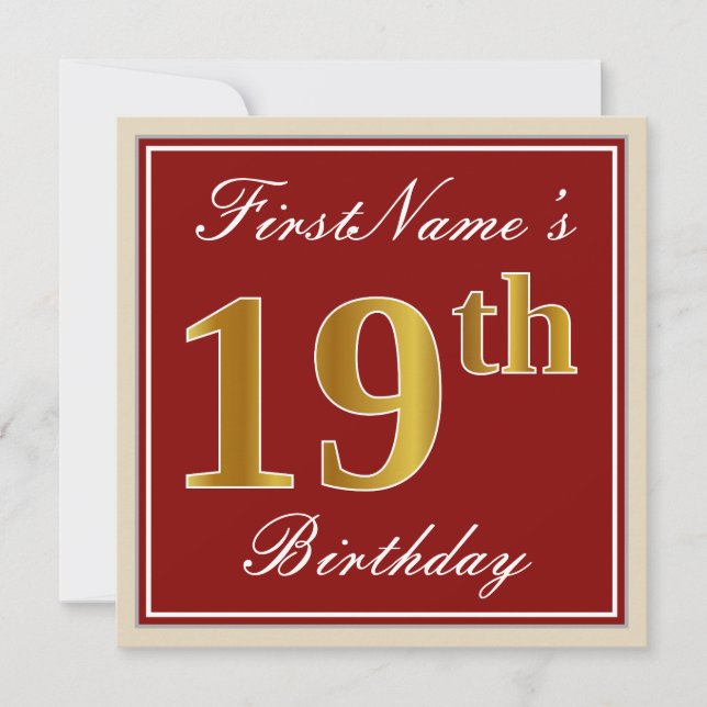Elegant, Red, Faux Gold 19th Birthday; Custom Name Invitation (Front)