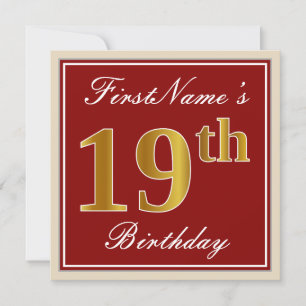 Elegant, Red, Faux Gold 19th Birthday; Custom Name Invitation
