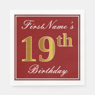 Elegant Red, Faux Gold 19th Birthday + Custom Name Napkins