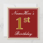[ Thumbnail: Elegant, Red, Faux Gold 1st Birthday + Custom Name Invitation ]