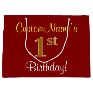 Elegant, Red, Faux Gold 1st Birthday + Custom Name Large Gift Bag