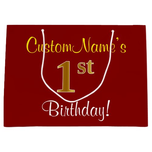 Elegant Red Faux Gold 1st Birthday  Custom Name Large Gift Bag