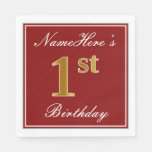 [ Thumbnail: Elegant Red, Faux Gold 1st Birthday + Custom Name Napkin ]