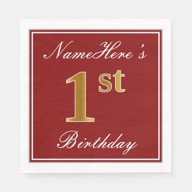Elegant Red, Faux Gold 1st Birthday + Custom Name Napkins (Front)