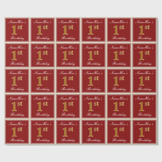 Elegant, Red, Faux Gold 1st Birthday + Custom Name Wrapping Paper (Flat)