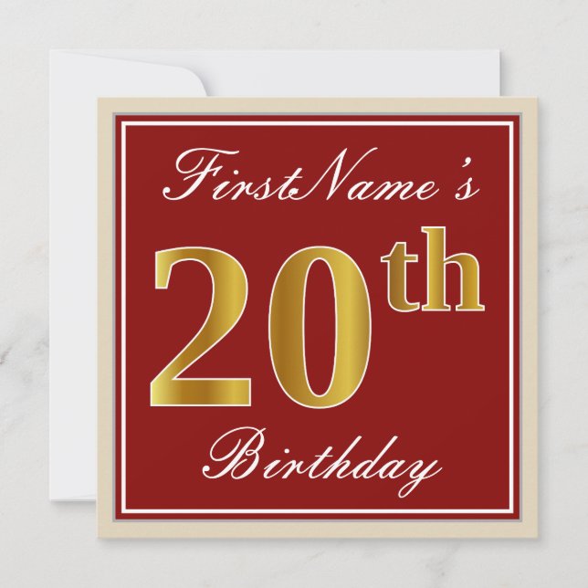 Elegant, Red, Faux Gold 20th Birthday; Custom Name Invitation (Front)