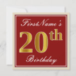 [ Thumbnail: Elegant, Red, Faux Gold 20th Birthday; Custom Name Invitation ]