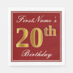 [ Thumbnail: Elegant Red, Faux Gold 20th Birthday + Custom Name Paper Napkin ]