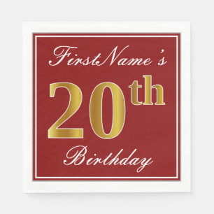 Elegant Red, Faux Gold 20th Birthday + Custom Name Paper Napkins