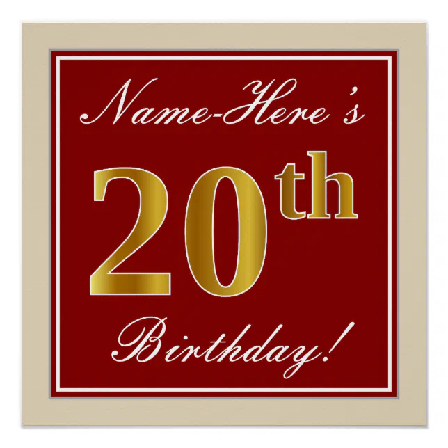 Elegant, Red, Faux Gold 20th Birthday; Custom Name Poster | Zazzle