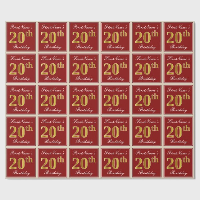 Elegant, Red, Faux Gold 20th Birthday; Custom Name Wrapping Paper (Flat)